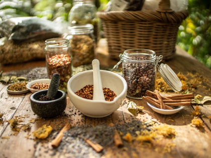 dried herbs displayed on a table