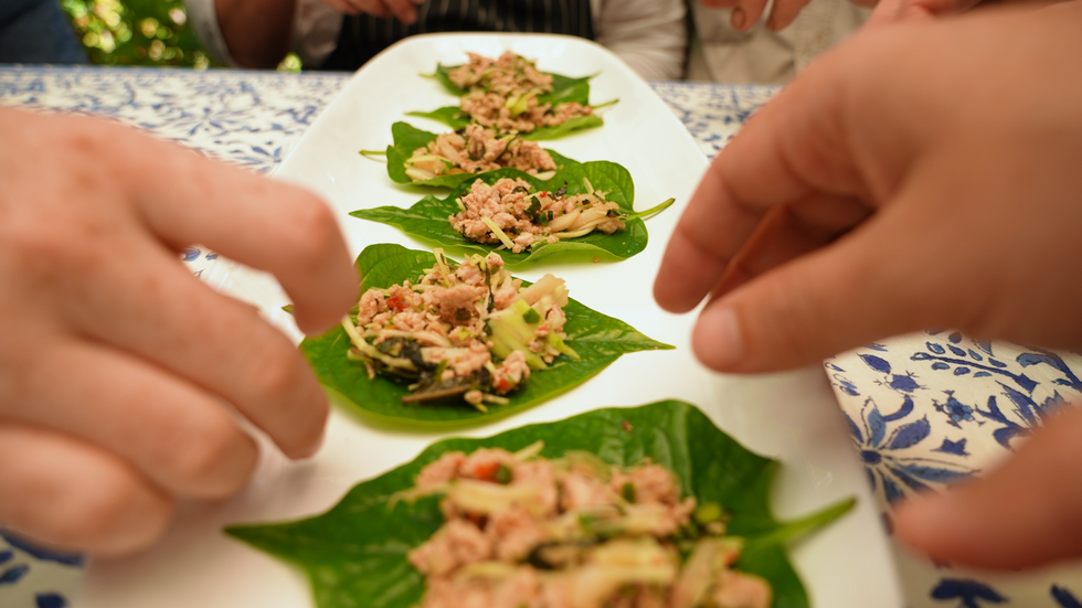 Spicy Chicken Salad On Betel Leaves