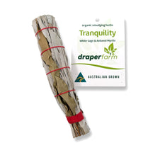 Tranquillity smudge stick, white sage and aniseed myrtle, with Draper Farm tag